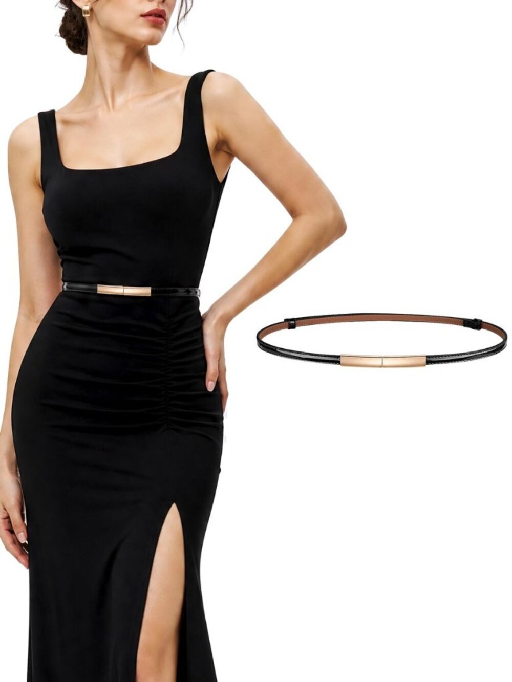 Women's Skinny Leather Belt Patent Ladies Thin Waist Belt for Dress with Metal